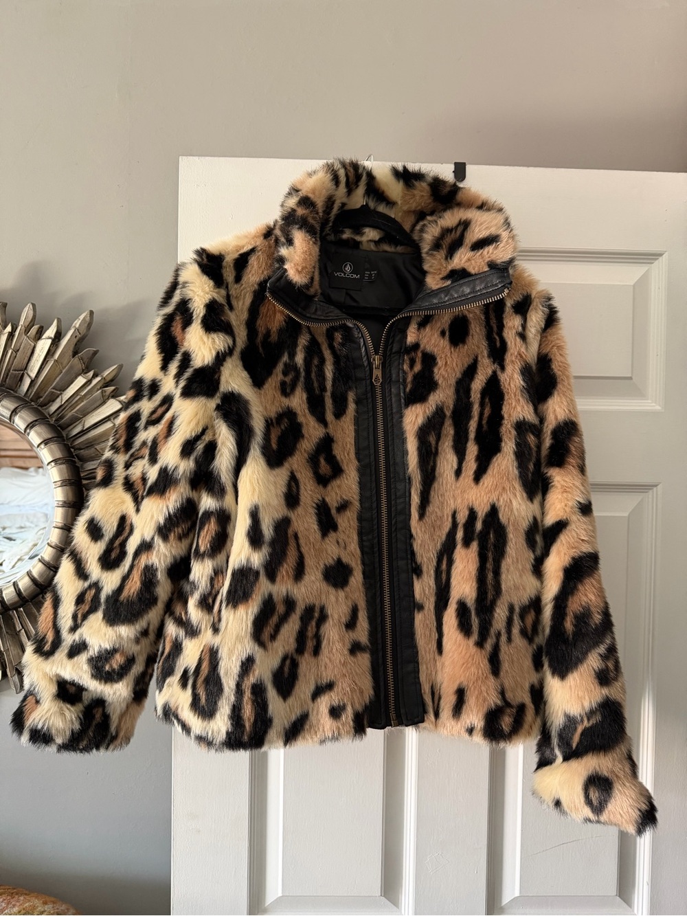 Volcom Faux Fur Leopard Puffer Jacket - Tan & Black
